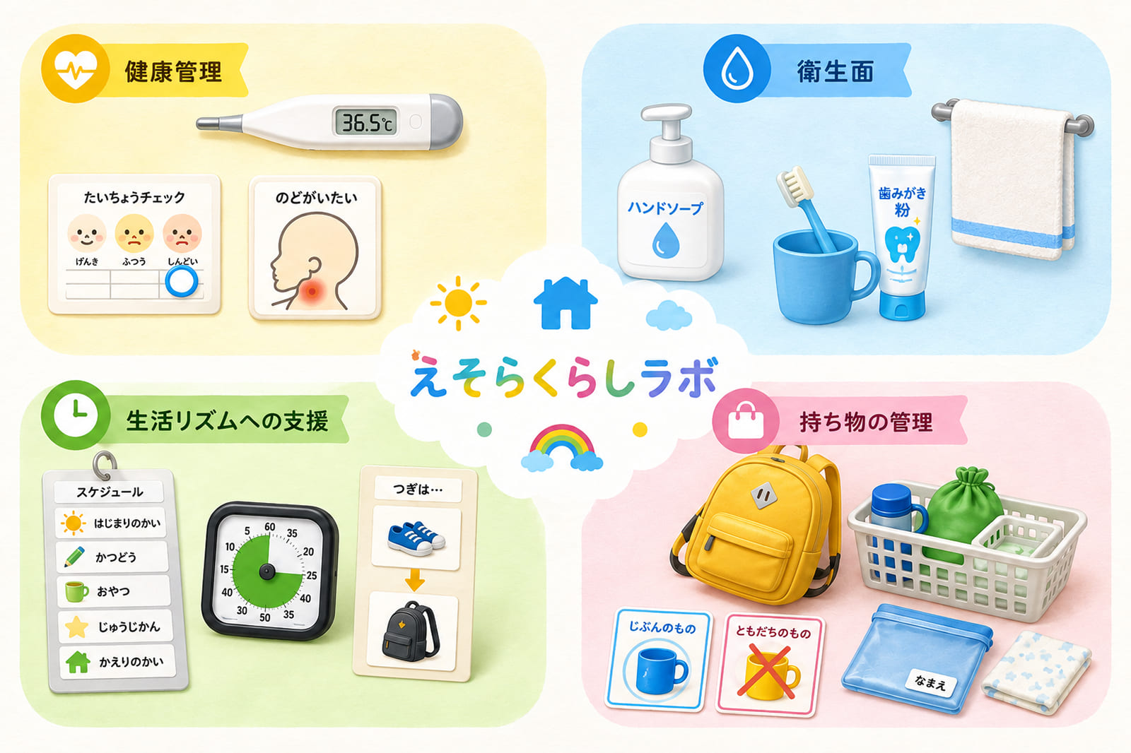 健康管理、衛生面、生活リズム、持ち物の管理などを力を育てます。