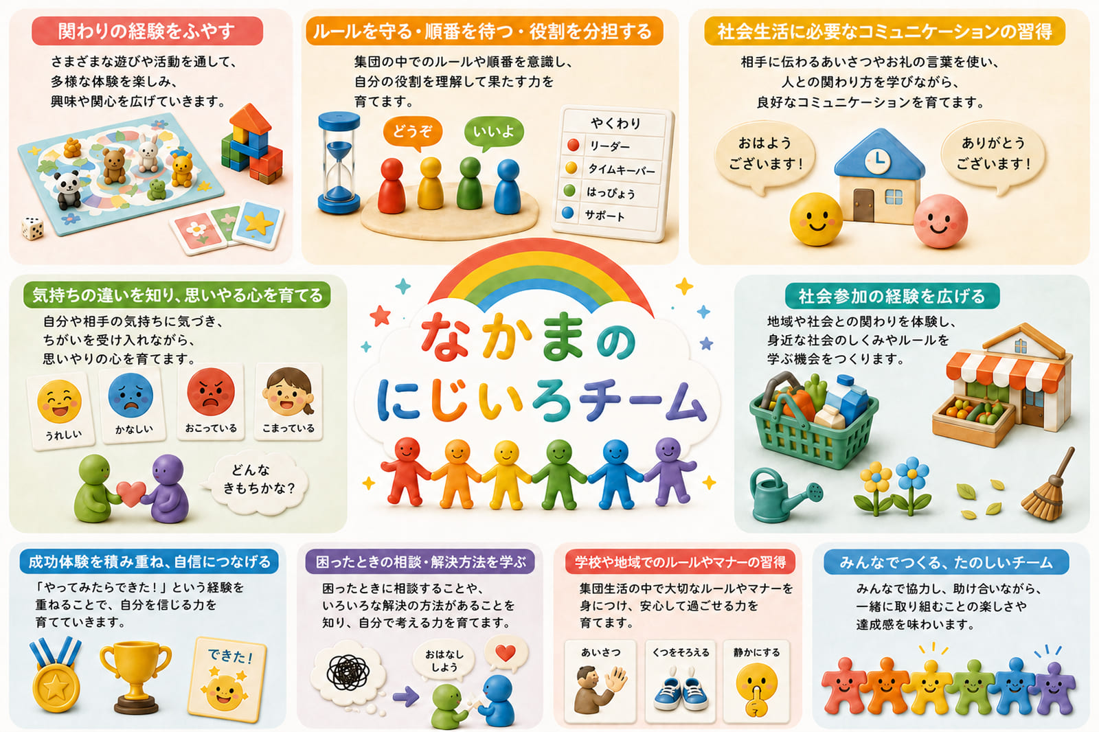 役割やルールを学び、集団の中で生活する力を育てます。